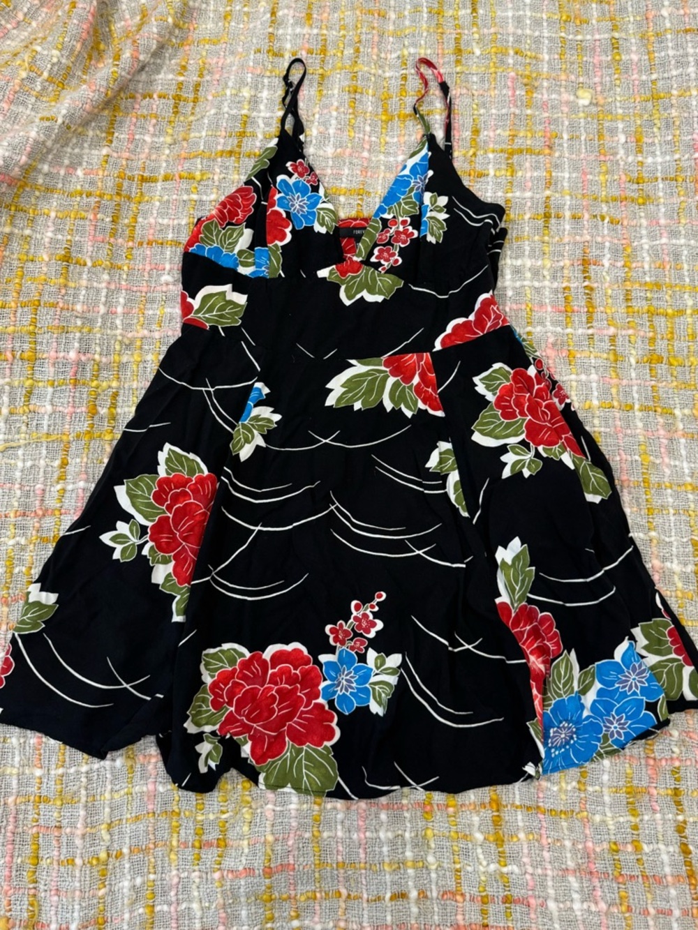 Forever 21 Black Floral Spaghetti Strap Dress with Red & Blue Flowers